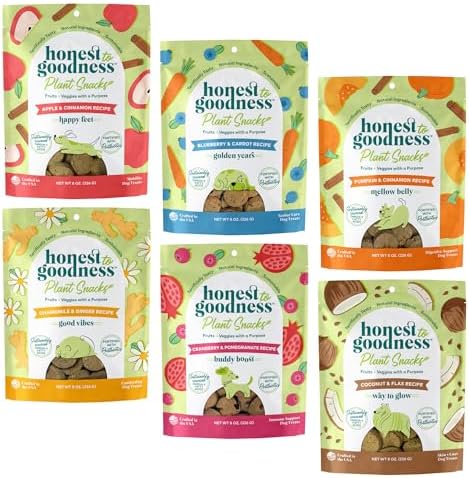 Honest to Goodness Plant Snacks Dog Treats, Enriched with Omega 3s & Postbiotics, 8oz Variety Pack, 6 Bags