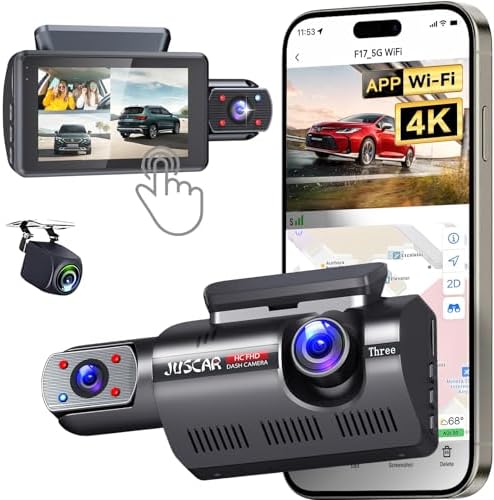 Juscar Sixco G90Pro 3Channel 4K WiFi Dash Cam,Touchscreen, STARVIS2 Night Vision, 4K+1080P+1080P Front Inside and Rear Triple Car Camera, Voice Control, GPS, HDR, 24 Hours Parking, Support 256GB Max