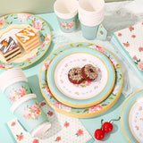 Whaline Tea Party Tableware Supplies Serves 24 Spring Floral Tea Party Disposable Paper Dinnerware, 24 9" Plates 24 7" Saucer Plate 24 9oz Tea Cups with Handle 48 Luncheon Napkins