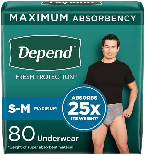 Depend Fresh Protection Adult Incontinence Underwear for Men, Disposable, Maximum, Small/Medium, Grey, 80 Count (2 Packs of 40), Packaging May Vary