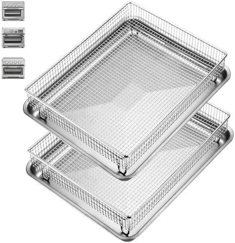 2Pack Air Fryer Accessories Basket and Tray for Cuisinart TOA-60 TOA-65 TOA-70, 12.3"x11" Nonstick Stainless Steel Baking Sheet 360°Heating Grilling Oven Air Fryer Basket for Family BBQ Party Cooking