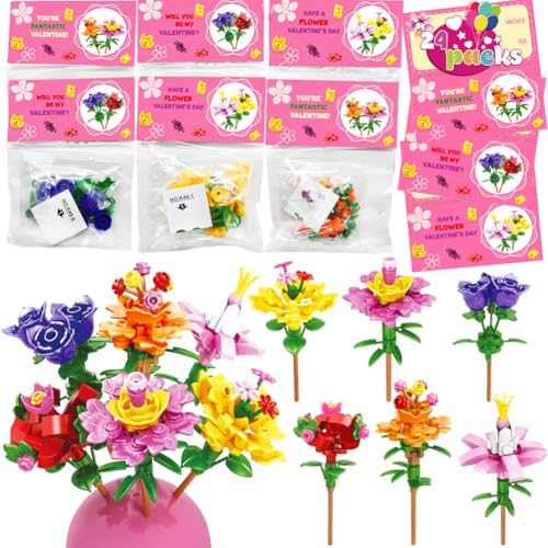 WODMAZ Valentines Day Cards with Bouquet Building Blocks, 24 Packs Romantic Flower Toys Valentines Day Gifts for Kids School Classroom Exchange, Valentine Party Favor, Valentine's Greeting Cards