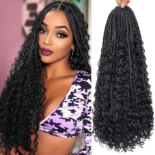 Goddess Box Braids Crochet Hair for Black Women 18 Inch 8 Packs Boho Crochet Braids Bohemian Knotless Box Braids Short Goddess Braids Crochet Hair(18 Inch (Pack Of 8),1B)