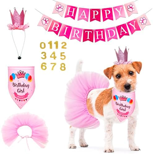 ADOGGYGO Dog Birthday Hat Bandana Girl - Puppy Birthday Party Supplies - Pink Puppy Tutu Hat Scarf Banner Set for Small Dogs (Small)