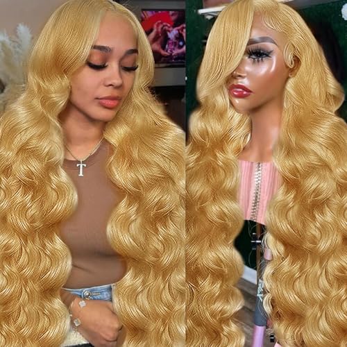 Honey Blonde Wig Human Hair 13x6 34 Inch Blonde Lace Front Wigs Human Hair Pre Plucked 27# Colored 180% Density Body Wave HD Lace Frontal Wigs Human Hair Glueless Wigs Human Hair