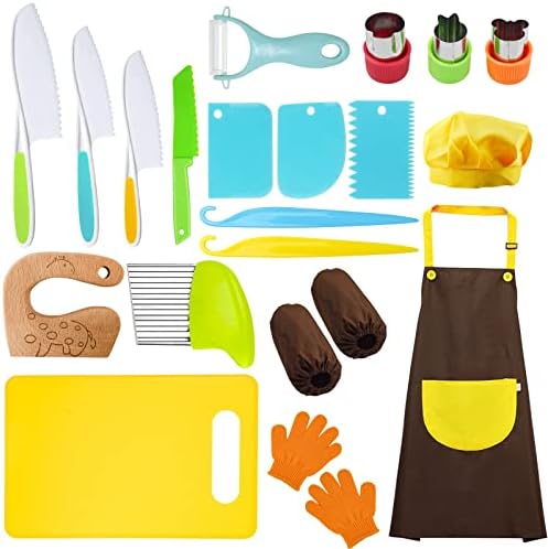 RISICULIS 21 Pieces Toddler Knife, Kids Knife Set Includes Wood Kids Safe Knife, Plastic Toddler Knife, Cutting Board, Apron, Chef Hat, Y Peeler, Crinkle Cutter, Cake Scraper, Gloves, Sandwich Cutter