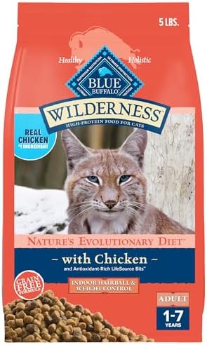 Blue Buffalo Wilderness High-Protein, Grain-Free Natural Dry Food for Adult Cats, Weight and Hairball Control, Chicken, 5-lb Bag