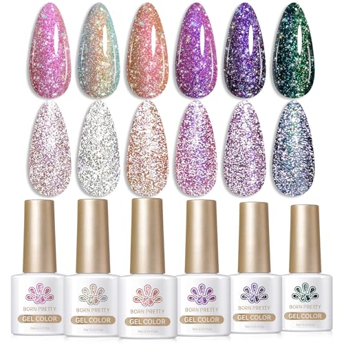 Born Pretty Reflective Glitter Gel Nail Polish Shimmer Sequins Sparkly Shiny Disco DJ Glitter Sequins Nail Polish 6PCS 7ML