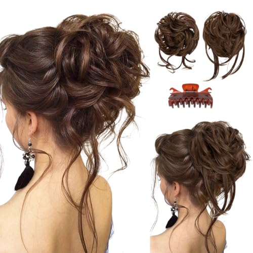 SARLA 2PCS Messy Bun Hair Pieces Detachable Claw Clip Wavy Curly Synthetic Hairpieces Fake Scrunchies Updo Ponytail Extension for Women Chocolate Multi
