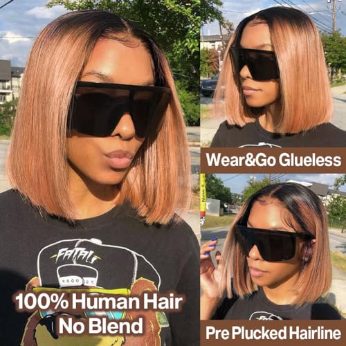 1B/30 Ombre Blonde Bob Wig Human Hair 13x4 HD Lace Frontal Bob Wigs for Black Women Human Hair Pre Plucked Wear and Go Glueless,Short Straight Ombre Blonde Colored T1B/30 14 Inch
