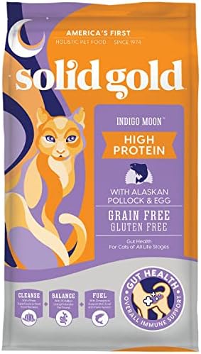 Solid Gold High Protein Dry Cat Food - Indigo Moon Made with Digestive Probiotics for Cats - Grain & Gluten Free with High Fiber & Omega 3 - Low Carb Superfood Meal - Pollock - 12lb