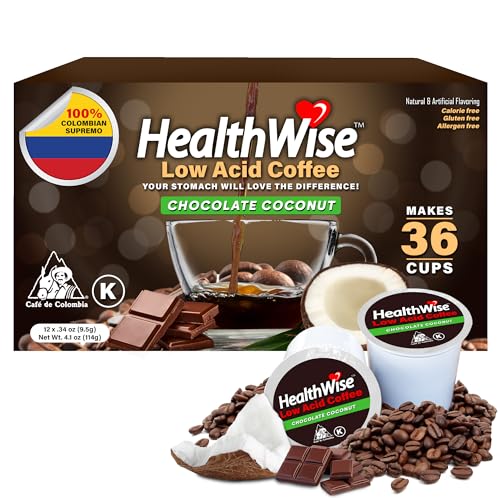 Healthwise Chocolate Coconut 100% Colombian Coffee K-Cups Low Acid Coffee K-Cups - Medium Roast, Healthier Coffee for Sensitive Stomachs - 36 Count (Pack of 3)