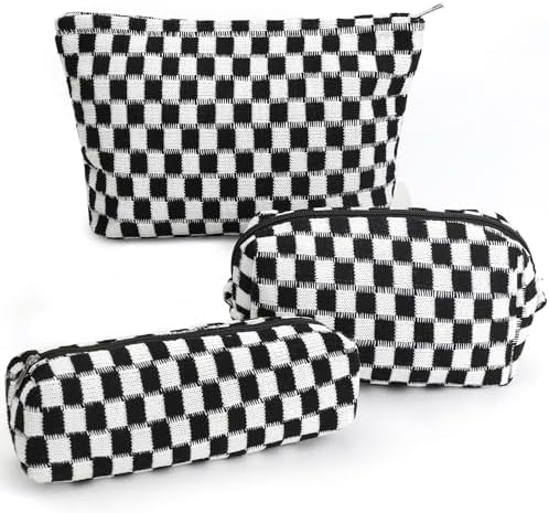 3 Pcs Makeup Bag Cosmetic Bag Set for Girls Women Checkered Travel Organizer Bathroom Toiletry Pouch Large Capacity Storage Bag (Black-White)