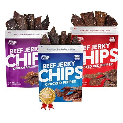 Wicked Cutz Beef Jerky Chips Variety Pack, Thin, Crispy, Crunchy Beef Jerky Crisps with up to 28G Protein Per Bag, Includes (1) Cracked Pepper, (1) Korean BBQ, and (1) Roasted Red Pepper, 1.25oz Each (3 Bags)