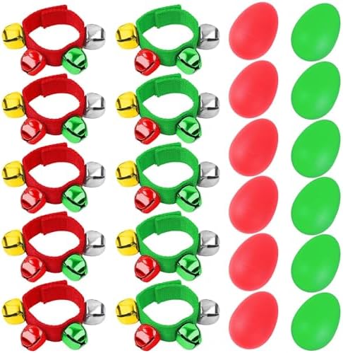 Augshy 24 Packs Christmas Percussion Musical Instruments, Christmas Shaker Musical Instruments for Kids, 12 Packs Wrist Band Jingle Bells 12 Packs Egg Shakers Kids Party Favor Toys