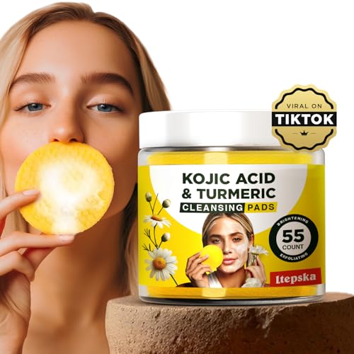 Turmeric Kojic Acid Cleansing Pads, 55 Pcs Turmeric Cleansing Pads for Dark Spots, Turmeric Face Scrub Pads, Turmeric Kojic Acid Pads, Turmeric Exfoliating Face Scrub Pads for Deep Cleansing