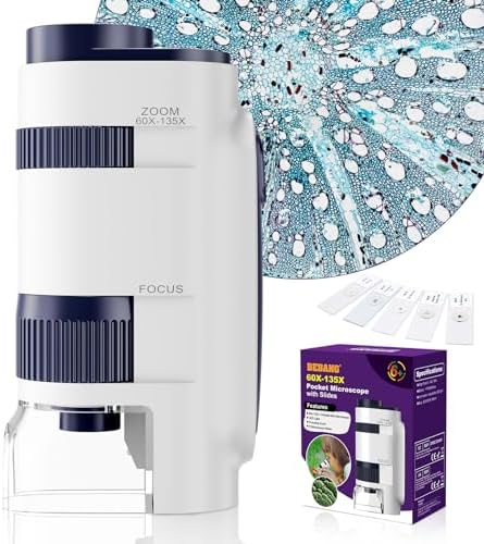 Pocket Microscope for Kids & Adults – BEBANG 60x-135x Mini LED Handheld Lab Microscope with 5 Prepared Slides – Portable Microbiological Observation Tool for Science Exploration, Gifts for Children
