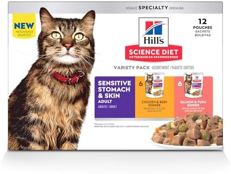 Hill's Science Diet Sensitive Stomach & Skin, Adult 1-6, Stomach & Skin Sensitivity Support, Wet Cat Food, Variety Case: Chicken & Beef; Salmon & Tuna Stew, 2.8 oz Pouch Variety Case, Case of 12