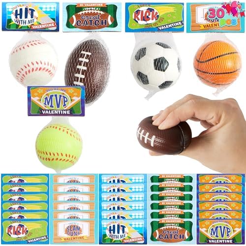 JOYIN 30 Pack Kids Gift Mini Sports Ball Figure Stress Balls Squeeze Foam Balls for Classroom Exchange Prizes with Gift Cards, Stress Relief / Anxiety Relief, Valentine Party Favor Toys