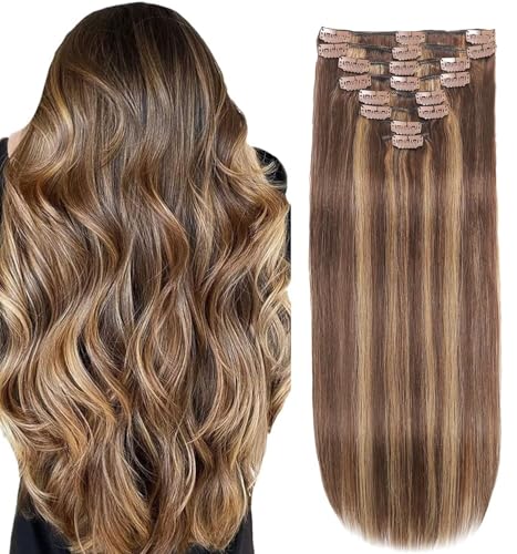 Clip in Hair Extensions Real Human Hair 3.4oz/90g Clip ins 100% Human Hair Extension for Women 8pcs Per Set with 18 Clips Double Weft (14 Inch #4/27 Chocolate Brown to Honey Blonde)