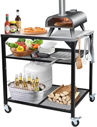 Hisencn Pizza Oven Table Cart for Ooni, Ninja Woodfire, Blackstone, Cuisinart Pizza Oven - Stainless Steel Portable Grill Table Grill Work Cart, Movable Food Prep Cart Grill Stand for Pizza Ovens