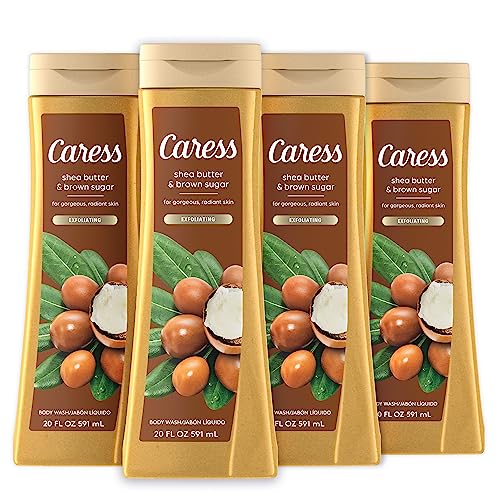 Caress Body Wash for Women, Shea Butter & Brown Sugar, Hydrating and Exfoliating Shower Gel for Gorgeous Radiant Skin, 20 fl oz, 4 Pack