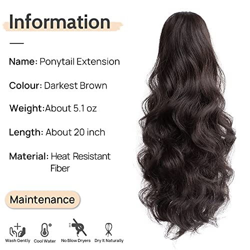 Pony Tails for Women Claw Clip Ponytail Extension Wavy 20" Synthetic Clips in Ponytails Hair Extensions Wigs Fluffy Hairpieces for Wedding Party Daily Use 6 Oz Darkest Brown
