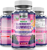 FRESH HEALTHCARE Elderberry Gummies 120 Count with Vitamin C and Zinc - Sambucus Elderberry 30:1 Extract - 100% Vegan Friendly for Adults and Kids - Immune Support Gummy Supplement