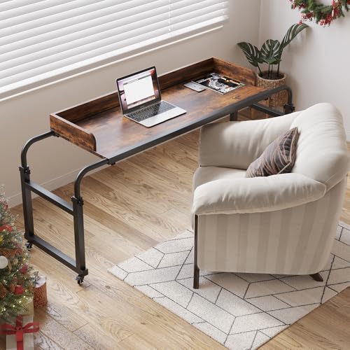 Furist Overbed Table with 360° Wheels, Queen Size Mobile Bed Desk, Recliner Table Over Bed Table Adjustable Height and Length Overbed Table with Heavy Duty Metal Leg for Hospital and Home use