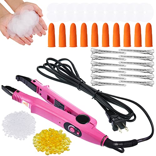 Hair Extensions Iron Fusion Keratin Heat Tool Heat Connector Wand with Fusion Glue Protector Template Hair Clip Finger Protector 2 Bag Keratin Glue Granule Bead(Pink)