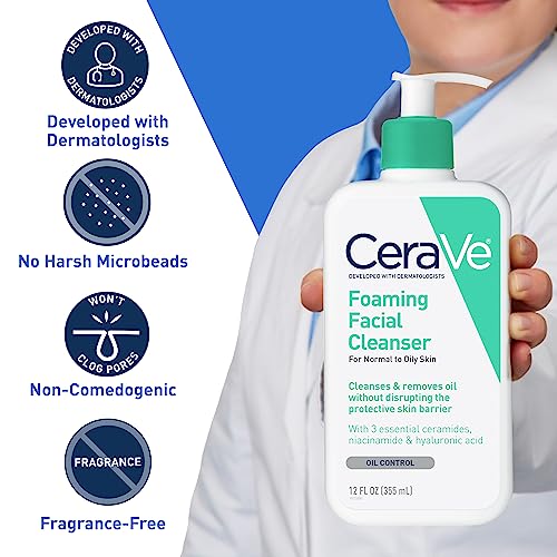 CeraVe Foaming Facial Cleanser | Daily Face Wash for Oily Skin with Hyaluronic Acid, Ceramides, and Niacinamide| Fragrance Free | 16 Fluid Ounce