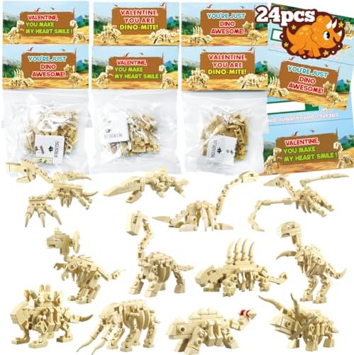 WODMAZ 24 Packs Dinosaur Building Blocks for Easter Basket Stuffers, Easter Egg Hunt, Valentines Party Favors, Valentines Easter Gifts for Kids Boys Girls