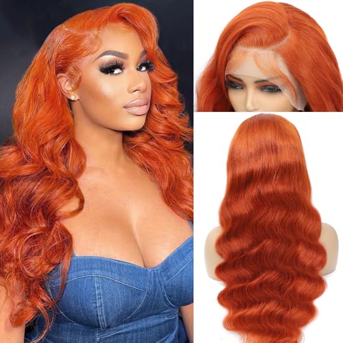 Ginger Orange Lace Front Wigs Human Hair Pre Plucked 200% Density Ginger Human Hair Wig 13x4 Lace Front Wigs Human Hair Body Wave Lace Frontal Wig 88J Colored Ginger Wig 26 Inch