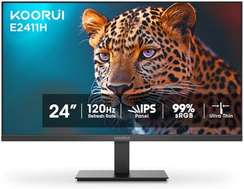 KOORUI 24-inch Monitor 120Hz, Full HD 1980 * 1080p IPS Ultra-Thin Computer Monitor with Adaptive Sync, VESA 100 * 100mm Mountable,Tilt Adjustable,HDMI & VGA Ports,Black, E2411H