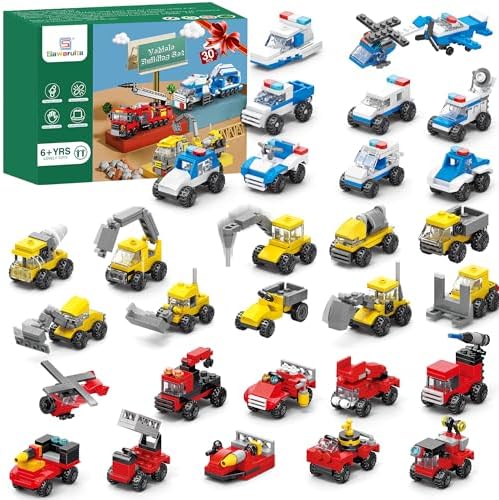 30Pack Mini Cars Building Blocks Party Favors for Kids - Small Fire Truck,City Police Car,Construction Vehicle for Goodies Bag Filling, Classroom Prizes for Boys 6-12