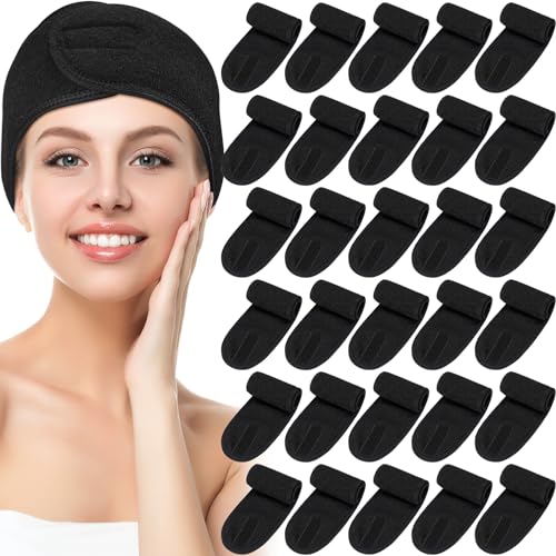 Hoteam 30 Pack Spa Headband Facial Esthetician Hair Wrap for Women Adjustable Makeup Sports Shower Stretch Towel with Tape(Black)