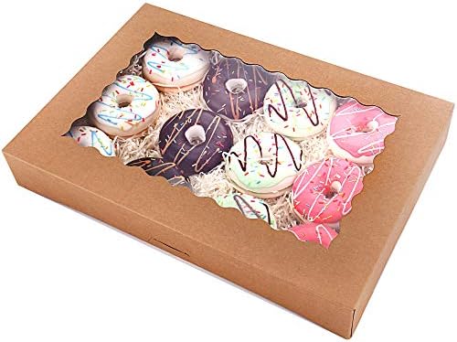20-Pack 16" x 11" x 2.5" Bakery Boxes with Window Hold 12 Donuts, Auto-Popup Large Cookie Boxes for Pies, Cakes, Muffins, and Pastries (Brown)