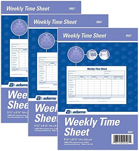 3 X Adams Weekly Time Sheet, 1-Part, 5.5 x 8.5 Inches, Blue/White, 100 Sheets Per Pad, 2 Pack (9507ABF)