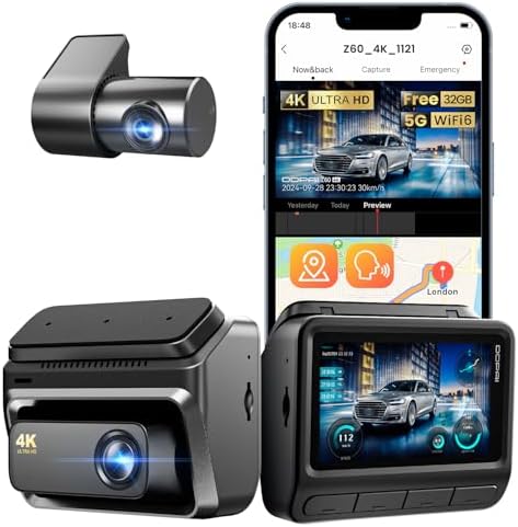 DDPAI 4K Dash Cam Front and Rear, 2160P+1080P Dash Camera for Cars, up to 15MB/s 5GHz WiFi6 Dashcam with 32G eMMC, GPS, Night Vision, 3" IPS WDR ADAS 20 Days Parking Mode Loop Recording G-Sensor, Z60