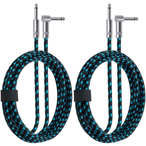 2Pack Guitar Cable 6ft 1/4 Inch Guitar Cord Straight to Right Angle Instrument Cable with Braided Tweed and Anti-Kinking Design for Guitar Bass Amp, Black & Blue