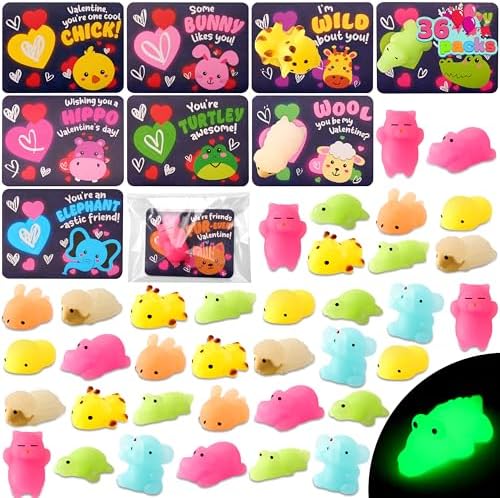 JOYIN 36 Packs 9 Design Gift Cards with Glow in Dark Mochi Squishy Toys, Stress Relief Fidget, Glowing Squeeze Toys for Kids Party Favors and Classroom Exchange