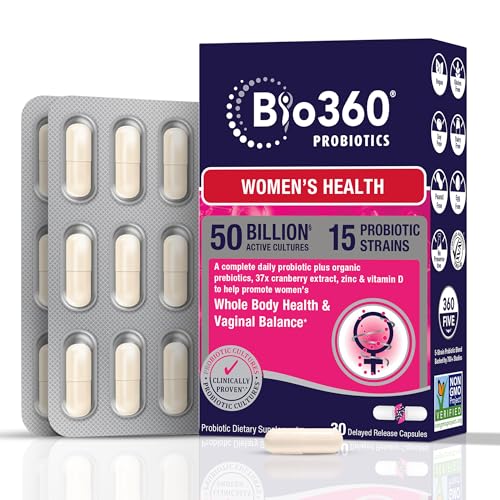 Bio360 Women's Probiotic Supplement, Digestive, Immune, Vaginal & Urinary Health, 15 Diverse Strains 50 Billion CFU, Organic Prebiotic Fibers, 37X Cranberry Extract, Zinc & Vitamin D3, 30CT