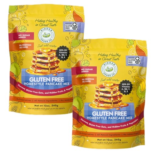 Hidden Foods Homestyle Gluten Free Protein Pancake Mix Oats, Fruit & Veggie Blend No Sugar Added Contains Milk Monk Fruit Sweetener Protein & Fiber Breakfast Meal Just Add Water - 12 oz - 2 Pack