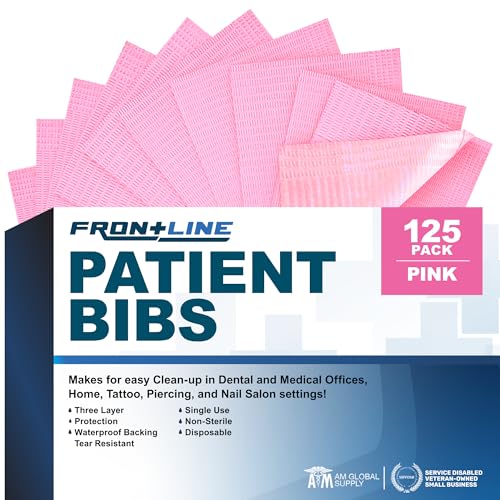 Disposable Dental Bibs (Pack of 125) 13"x 18" - 3 Ply Waterproof Tattoo Supplies Cover for Patients - Dentist, Esthetician Supplies Tray Cover Nail Table Cover Eyelash Supplies (Pink)