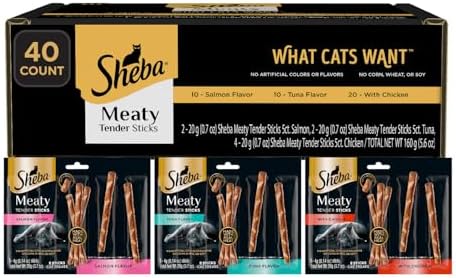 Sheba Meaty Tender Sticks Soft Cat Treats with Chicken, Tuna Flavor, and Salmon Flavor, 0.14 oz., 40 Count