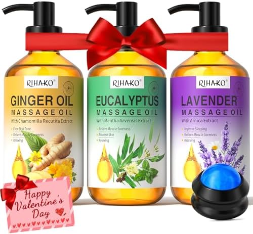 Valentine's Day Gifts for Men&Women -3 Pack Massage Oil for Massage Therapy,Lymphatic Drainage Ginger Oil | Lavender Oil | Sore Muscle Eucalyptus Massage Oils &Massage Ball for Date Night