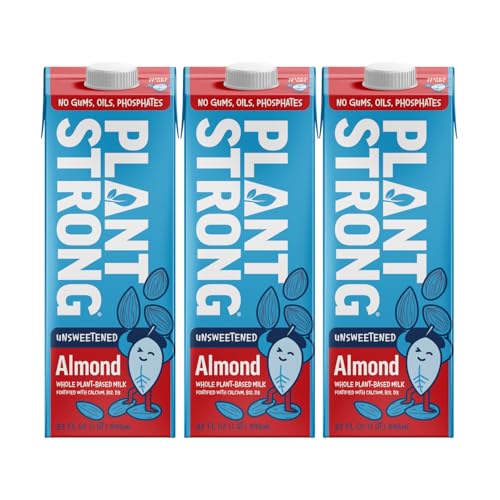 PLANTSTRONG Almond Milk Unsweetened 32oz (3 Pack) - NON-GMO - Plant Based, Vegan - Gluten Free Dairy Free - Shelf Stable - Lactose Free Milk - No Gums or Oils
