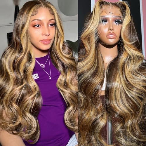 Highlight Ombre Lace Front Wigs Human Hair 13x4 Body Wave Frontal Wigs Human Hair Pre Plucked With Baby Hair 180% Density 4/27 Colored Honey Blonde Wig Human Hair for Women 26 Inch