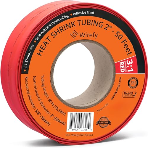 Wirefy 2" Heat Shrink Tubing - Large Diameter - 3:1 Ratio - Adhesive Lined - Industrial Heat-Shrink Tubing - Red - 50 Feet Roll