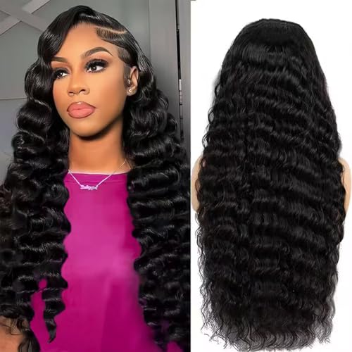 Loose Deep Wig Lace Front Wigs Human Hair Wigs for Black Women 13x4 HD Transparent Lace Frontal Wigs Human Hair Pre Plucked 200% Density Loose Deep Glueless Wigs Natural Black Color 26 inch
